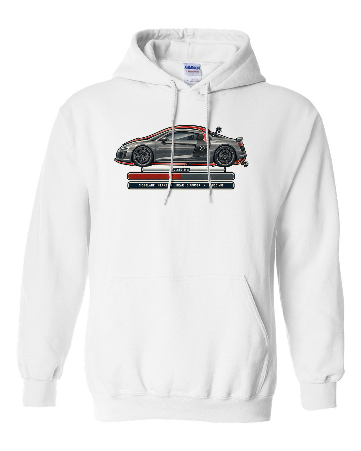 Audi R8 V10 plus Type 4S airflow cutaway with sideblade and diffuser callouts white pull over hoodie front view with the design