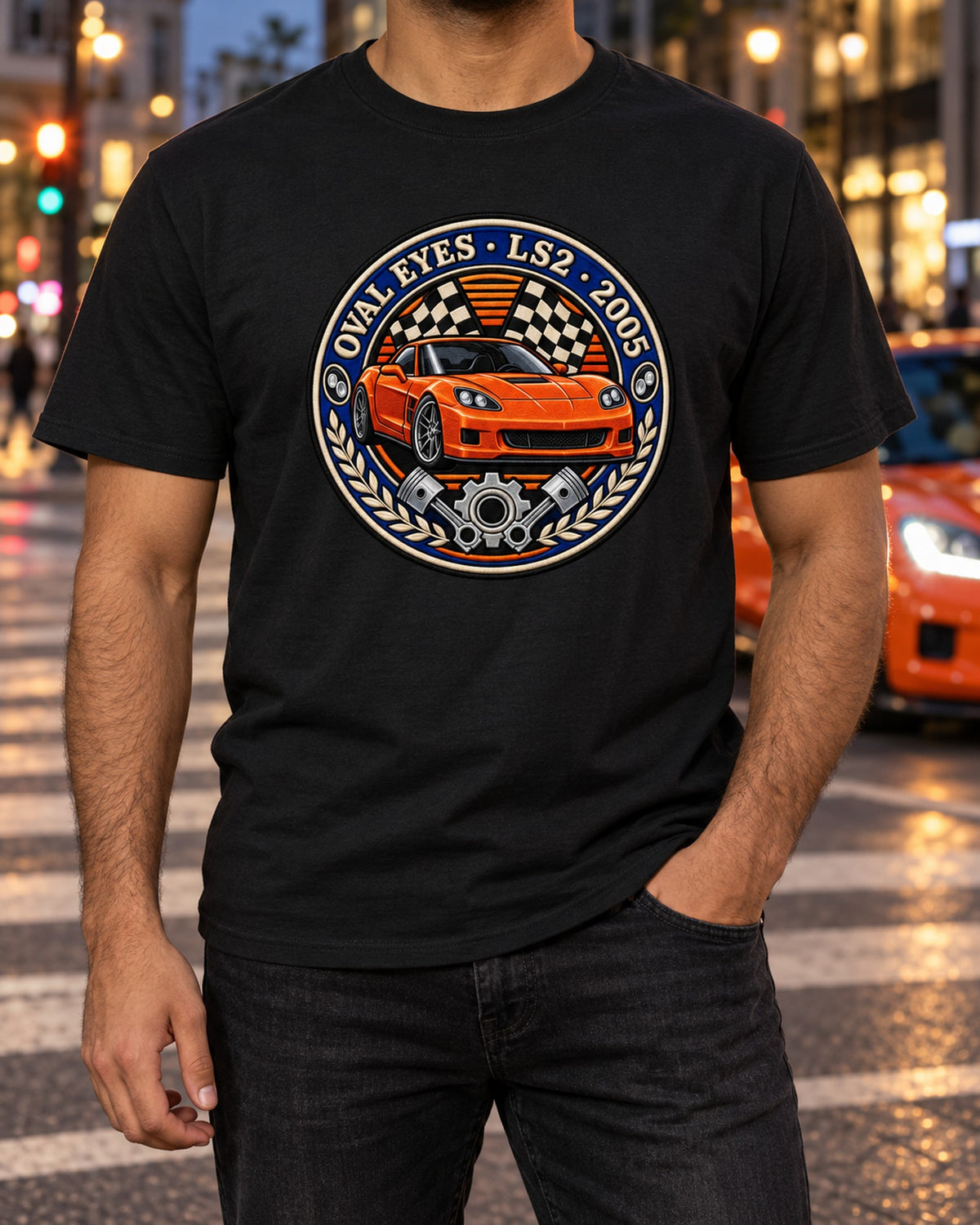 Corvette C6 LS2 Oval Eyes Varsity Crest Tee, 2005 Coupe T-Shirt Black worn hero