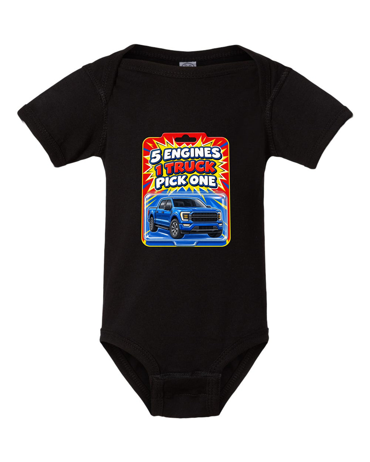 Toy card style print of a 2021 Ford F-150 P702 with five engines one truck text black baby onesie front view with the design