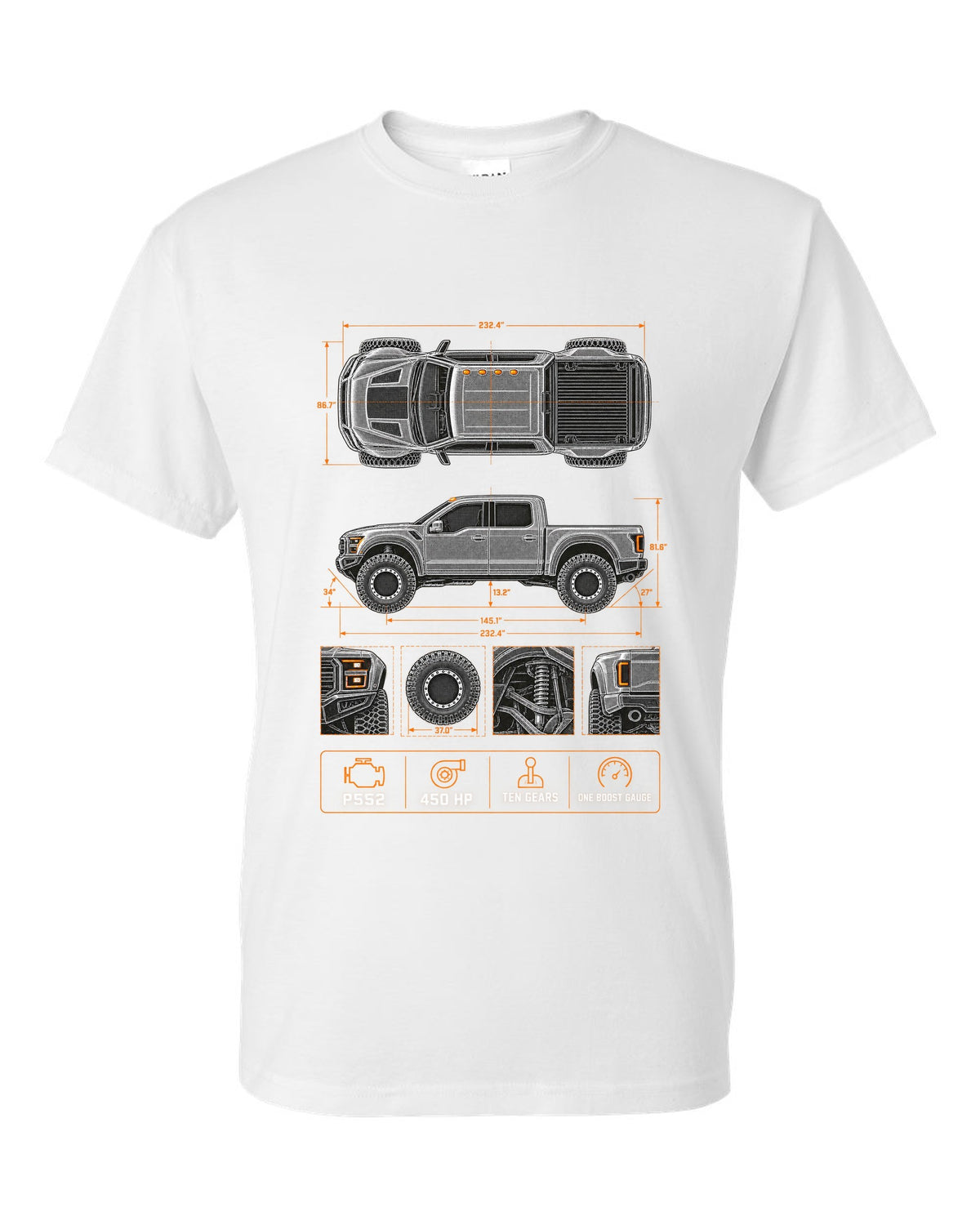 Ford F-150 Raptor Gen 2 P552 spec poster print with 450 HP and ten gears white t-shirt front view with the design