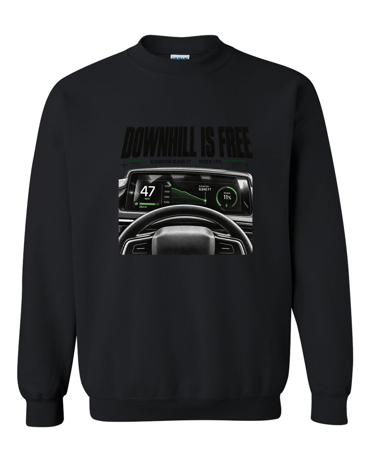 Rivian R1T 2022 cockpit gauge readout with downhill is free, elevation 8,840 ft and regen 11% black crewneck front view with the design