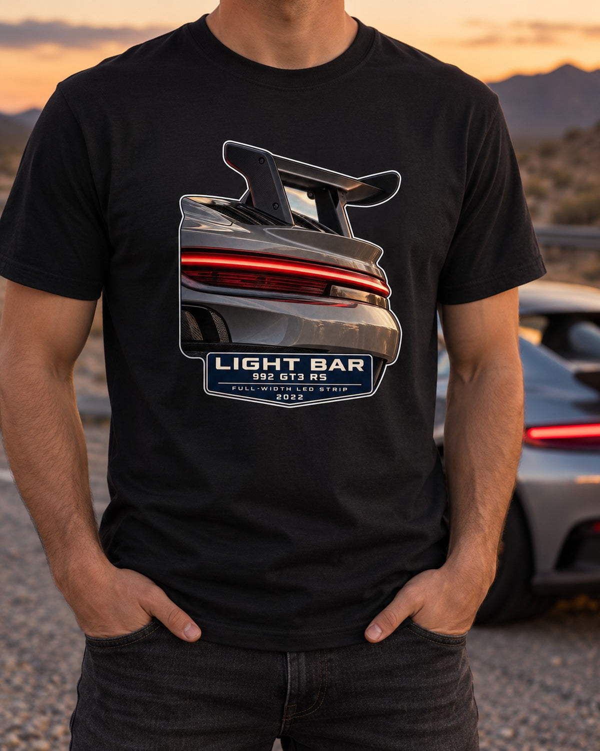992 GT3 RS Taillight Macro Shirt, Porsche Full-Width LED Tee T-Shirt Black worn hero