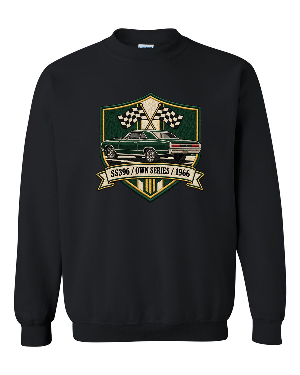 1966 Chevelle SS396 in an embroidery-style shield with text SS396 Own Series 1966 black crewneck front view with the design