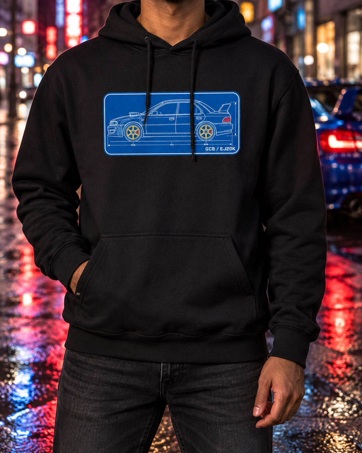 Subaru Impreza WRX GC8 1999 Cyanotype Blueprint Shirt, EJ20K Pull Over Hoodie Black worn hero