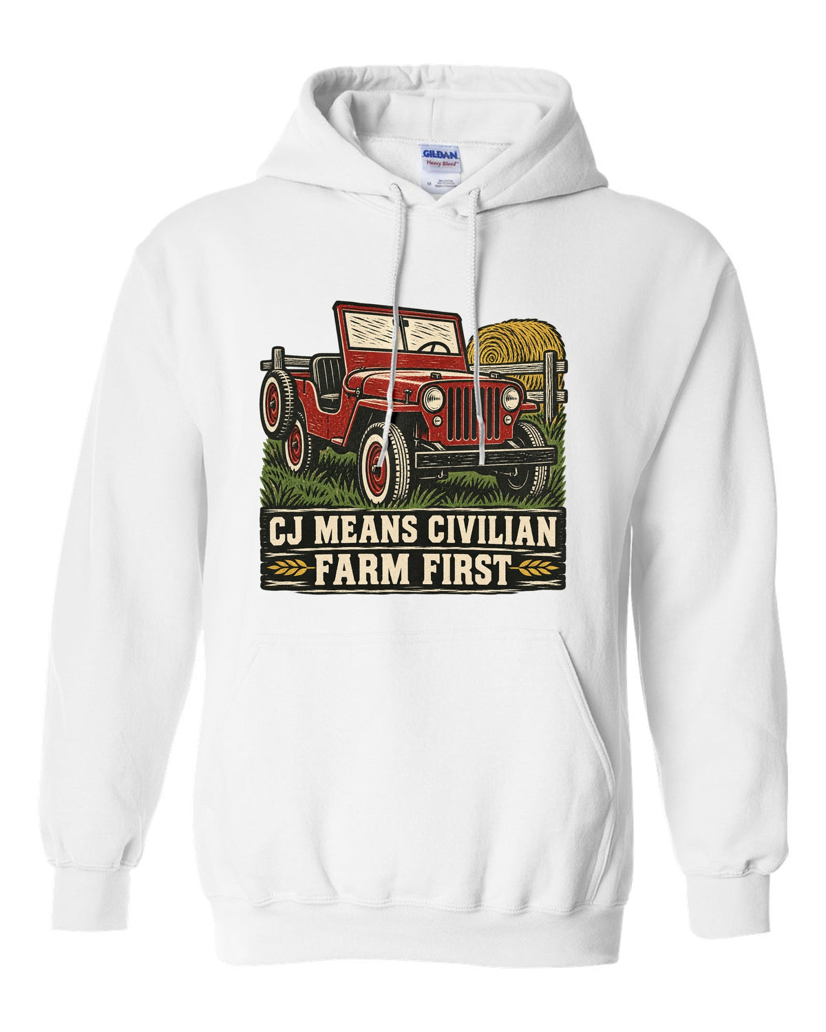 Linocut-style print of a Jeep CJ-2A with civilian farm text white pull over hoodie front view with the design