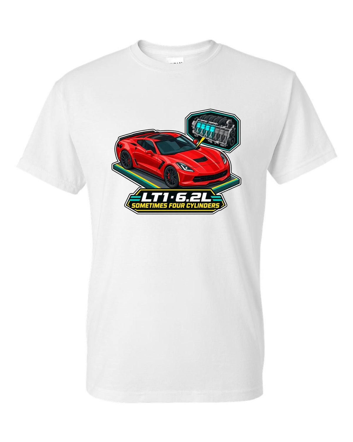 Art deco Le Mans night racing poster print of a yellow Chevrolet Corvette C8.R with LT1 6.2L lettering white t-shirt front view with the design