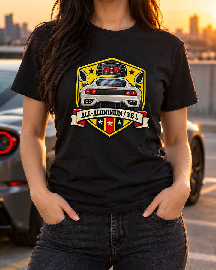 Ferrari 360 Modena F131 Spec Crest Shirt, All-Aluminium Body T-Shirt Black worn hero