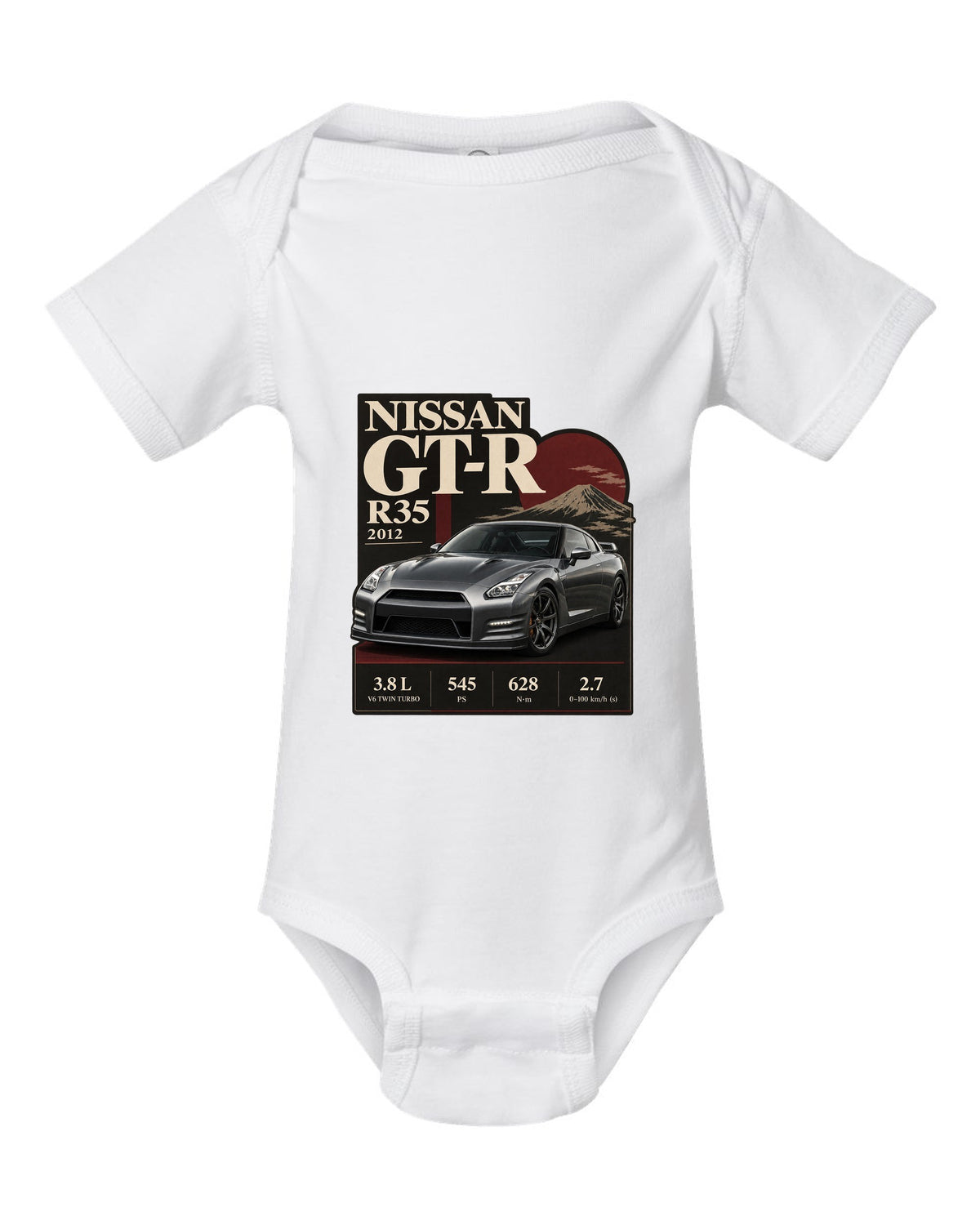Nissan GT-R R35 2013 Track Edition in dossier panel layout white baby onesie front view with the design