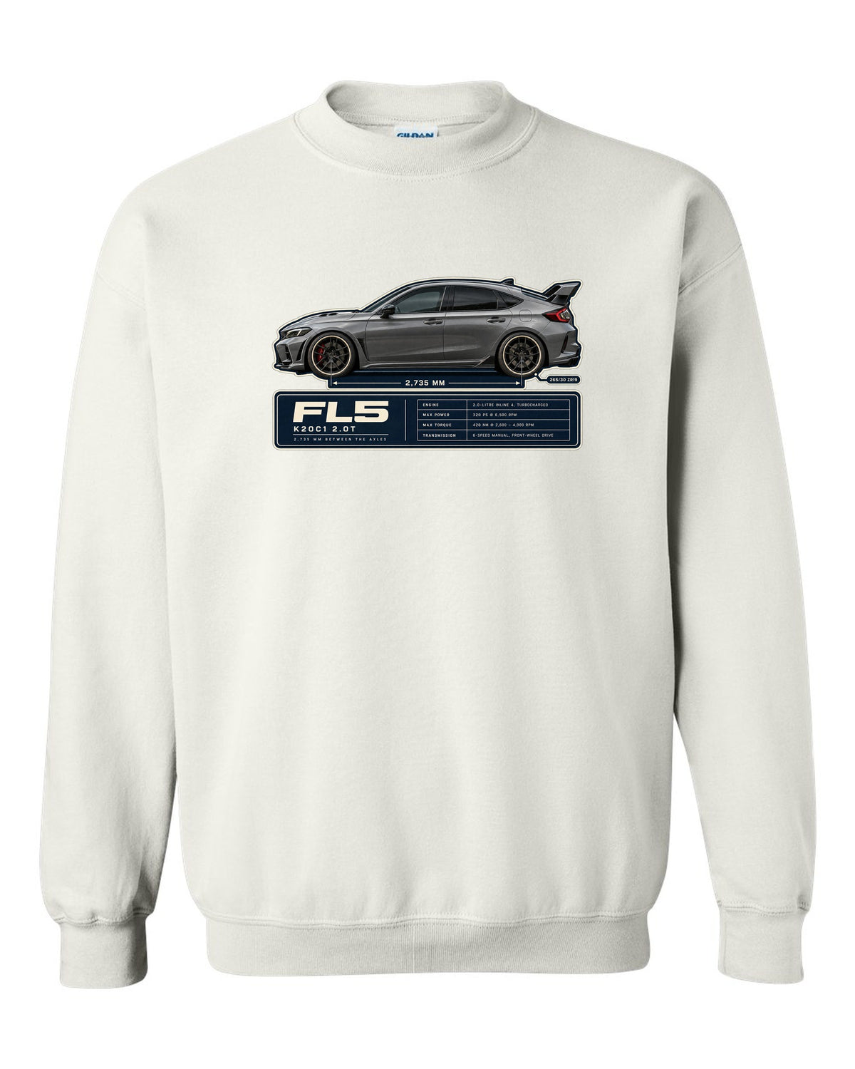 Honda Civic Type R FL5 Wheelbase Blueprint white crewneck front view with the design