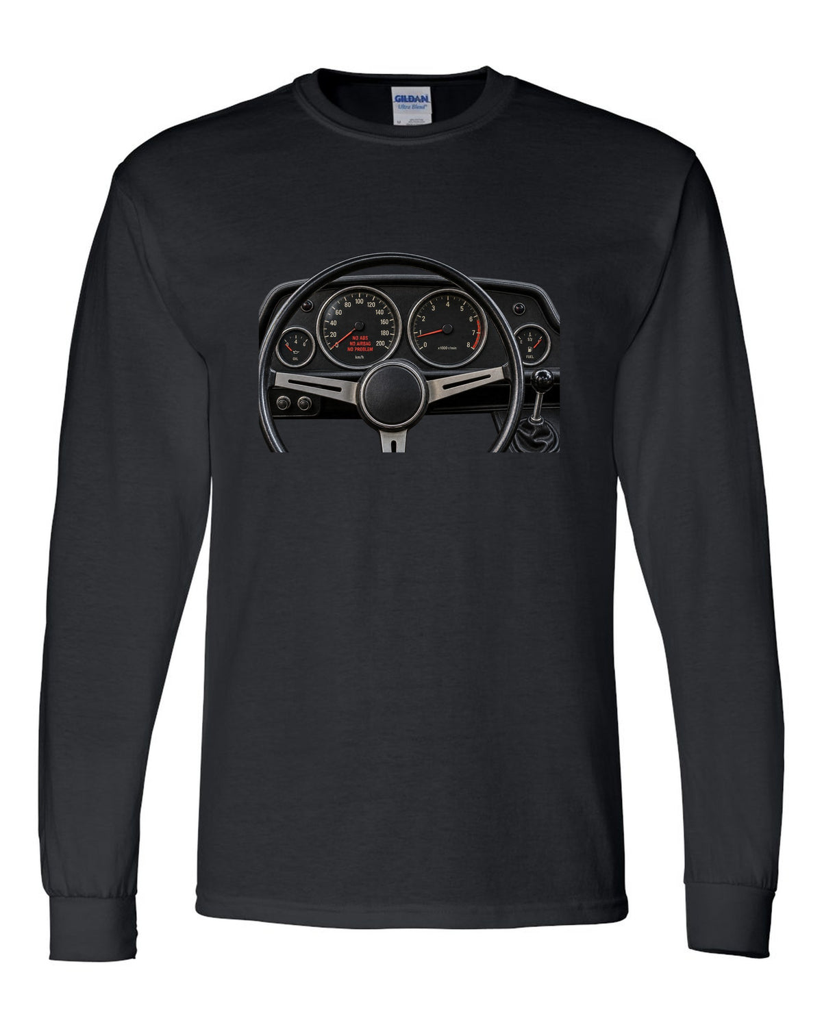 BMW 2002 cockpit gauge print with no ABS no airbag no problem text black long sleeve front view with the design