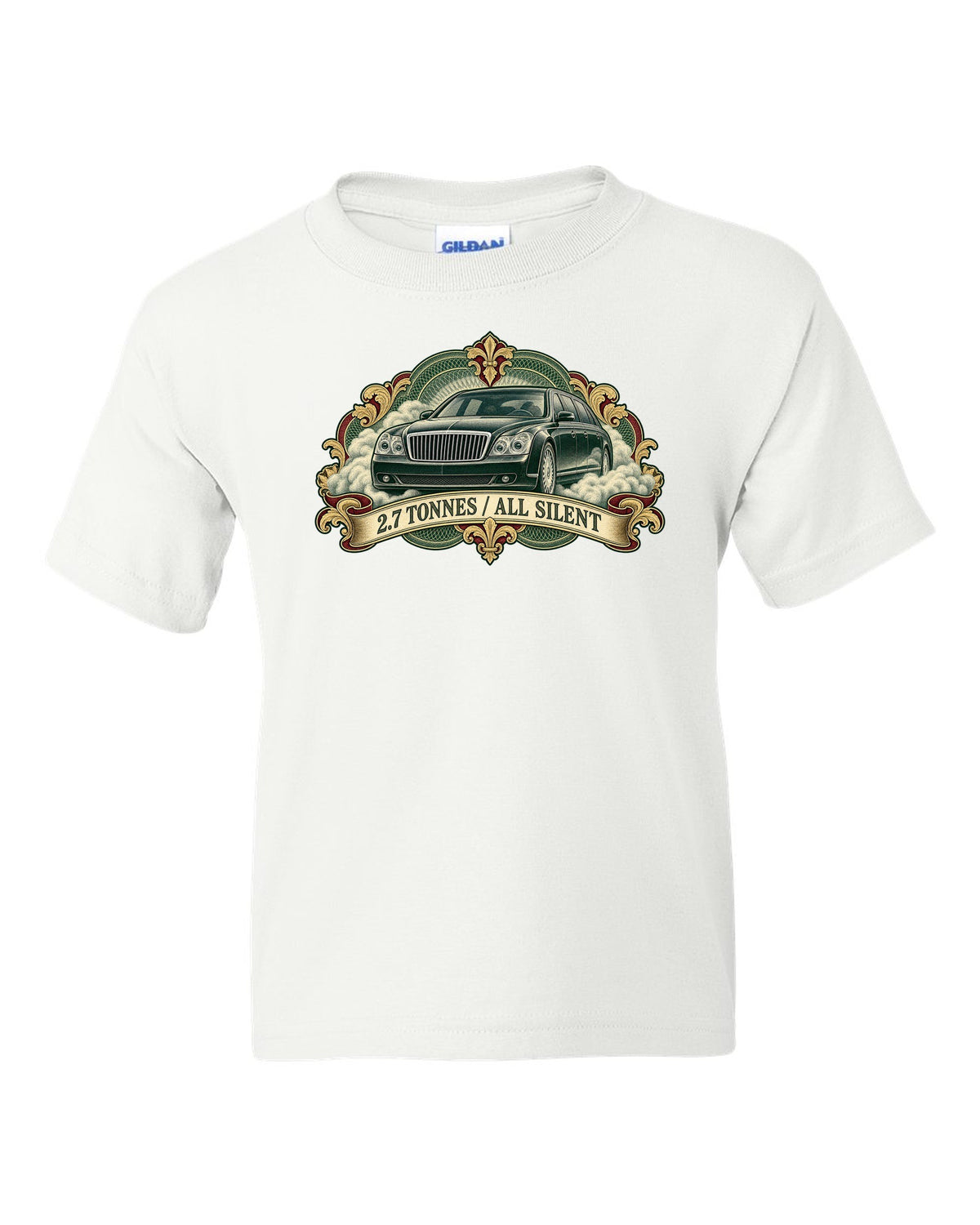 Engraved banknote style etching of a Maybach 57 W240 with 2.7 Tonnes All Silent text white kids tee front view with the design