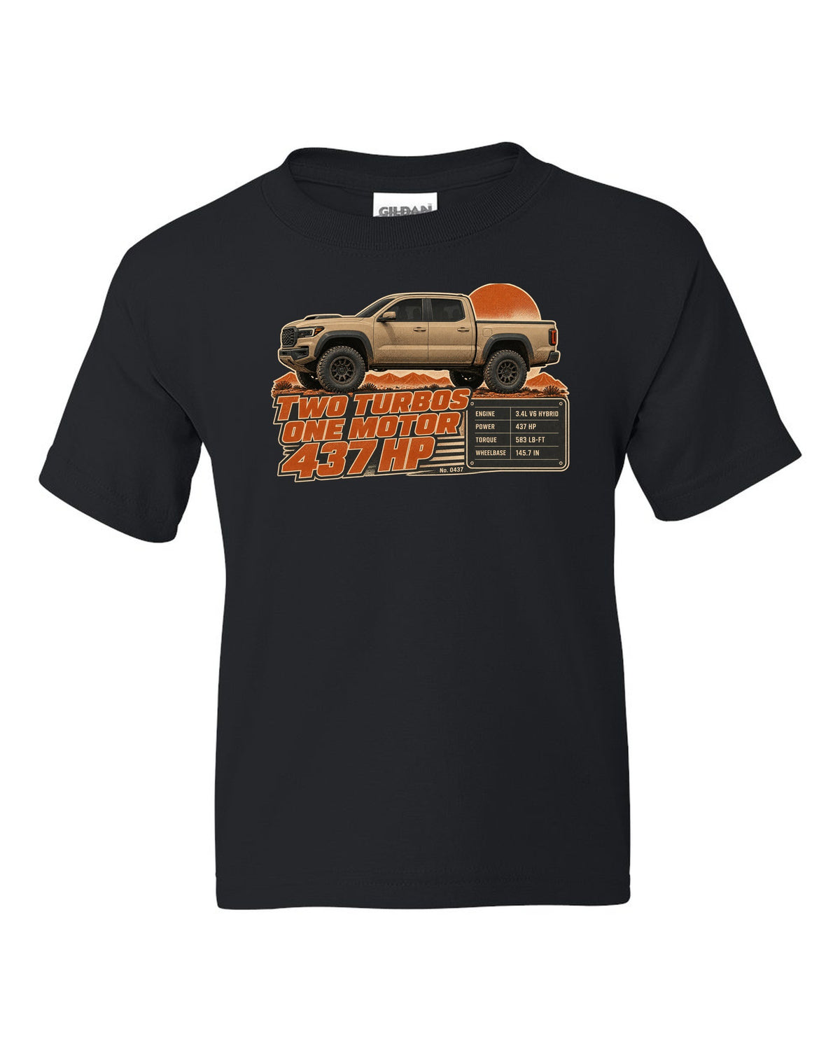 Toyota Tundra TRD Pro i-FORCE MAX hybrid spec poster design black kids tee front view with the design