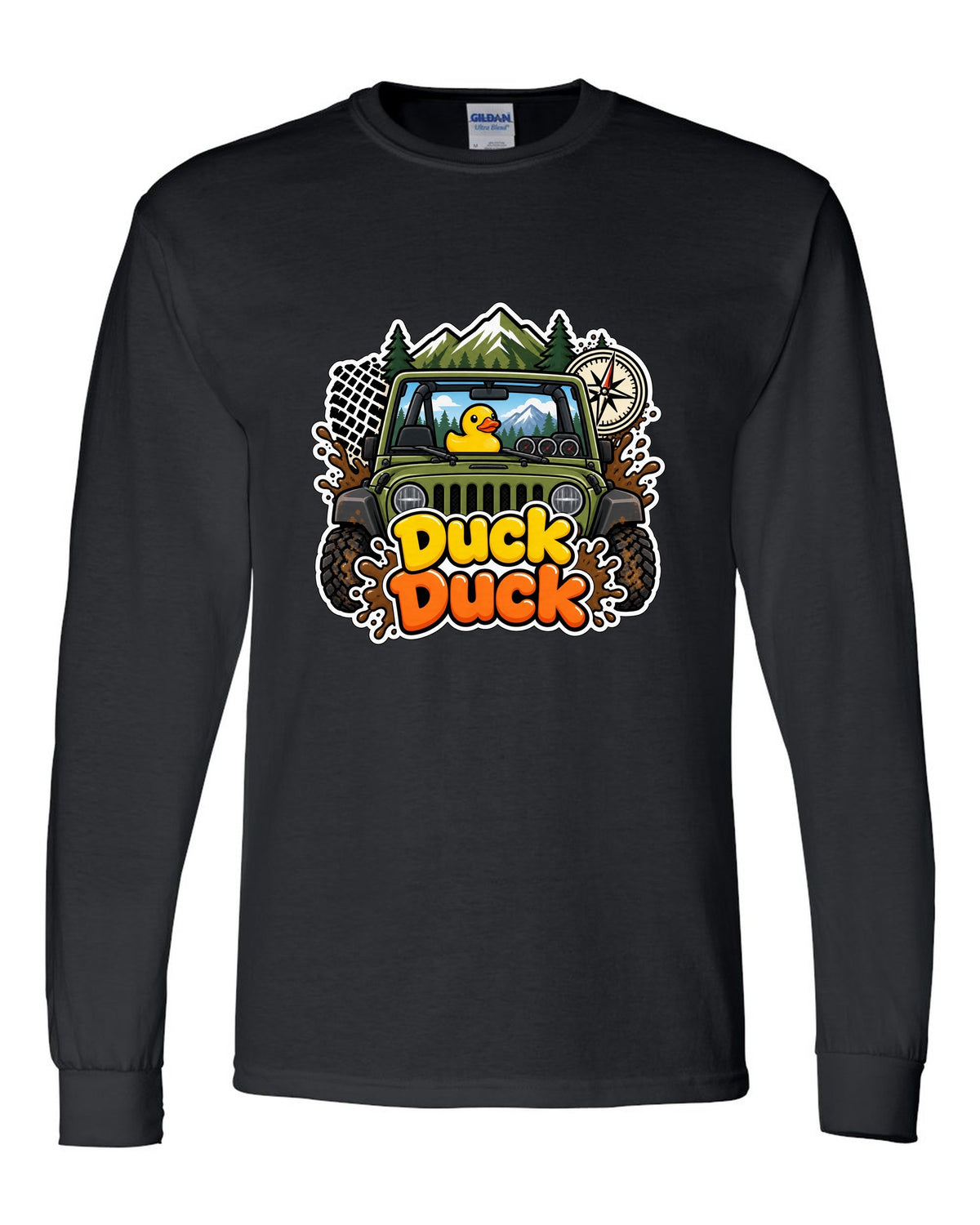 Sticker-bomb collage print of a Jeep Wrangler JK dashboard with ducks black long sleeve front view with the design