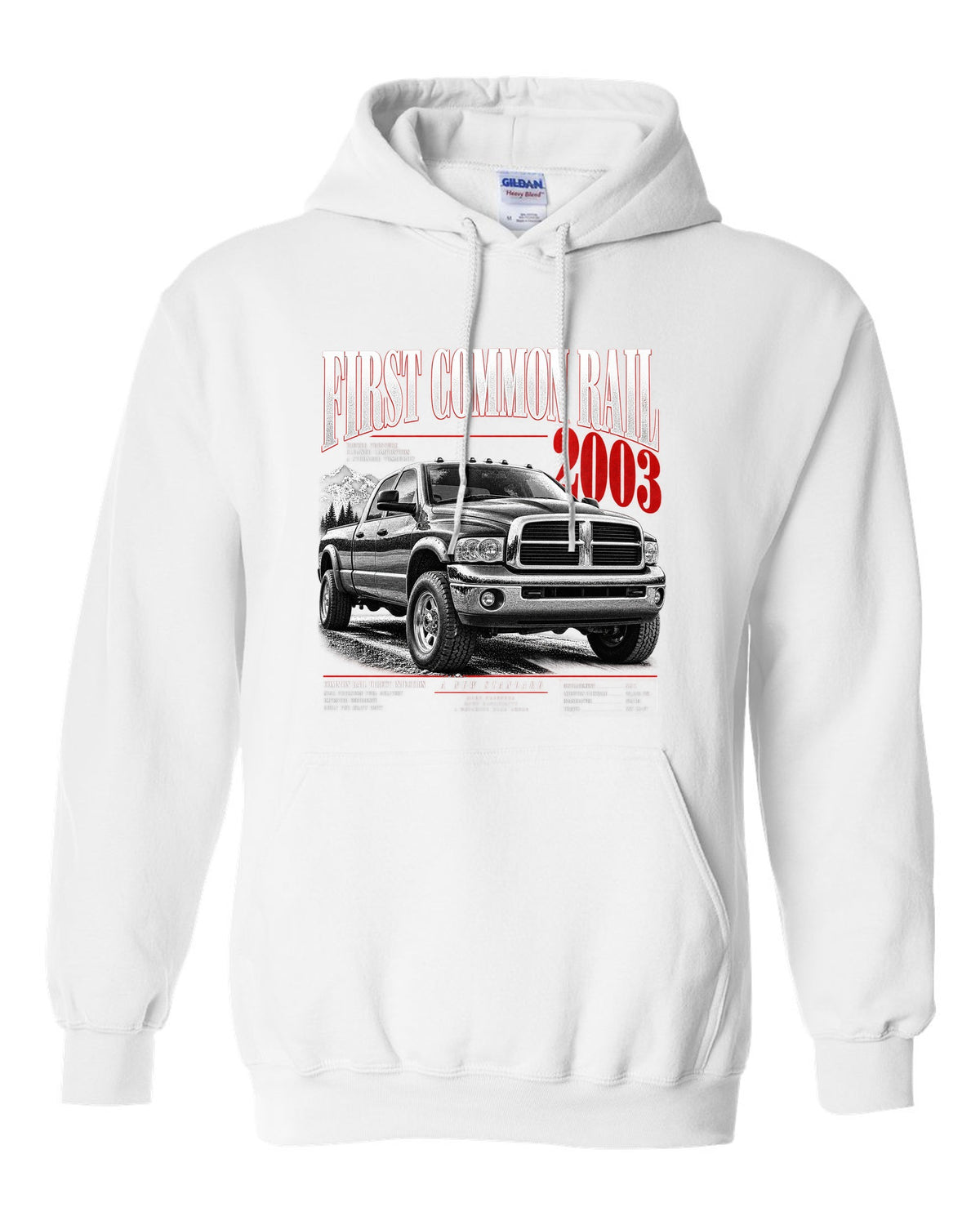 Editorial headline of a 2003-2009 Ram 2500 3rd gen with the text First Common Rail 2003 white pull over hoodie front view with the design