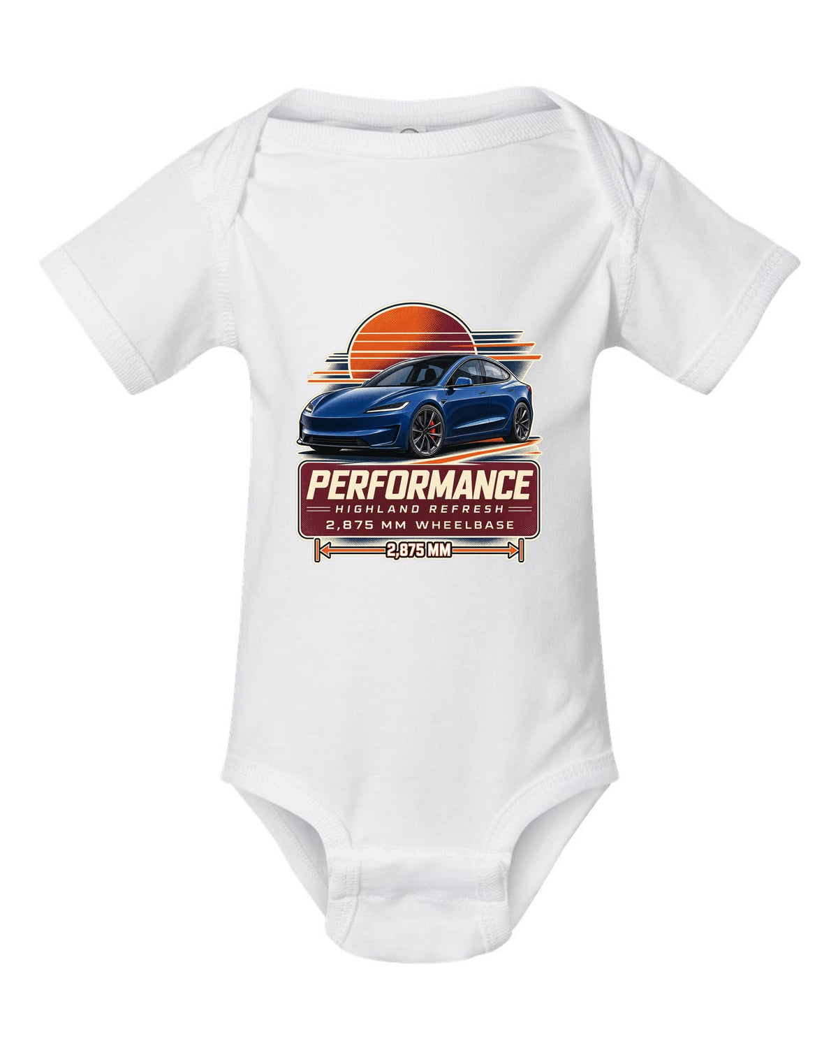 Spec poster print of a Tesla Model 3 Performance Highland refresh white baby onesie front view with the design