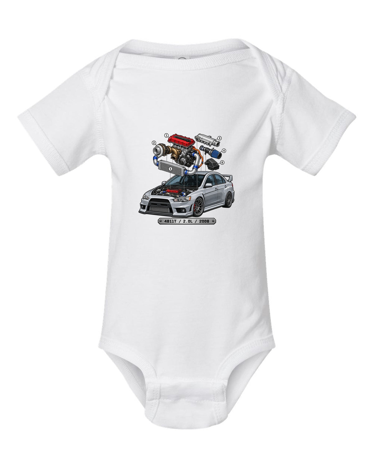 Exploded engine cutaway print for the Mitsubishi Evo X CZ4A with 4B11T 2.0L 2008 text white baby onesie front view with the design