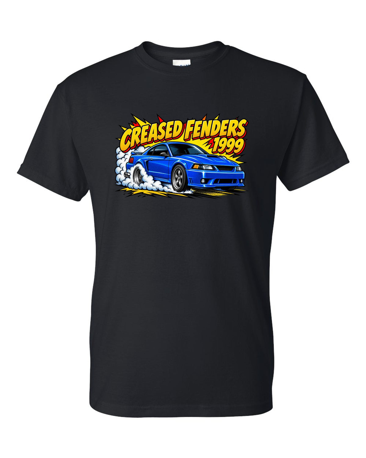 Comic halftone pop art 1999-2004 New Edge Ford Mustang coupe with burnout smoke black t-shirt front view with the design