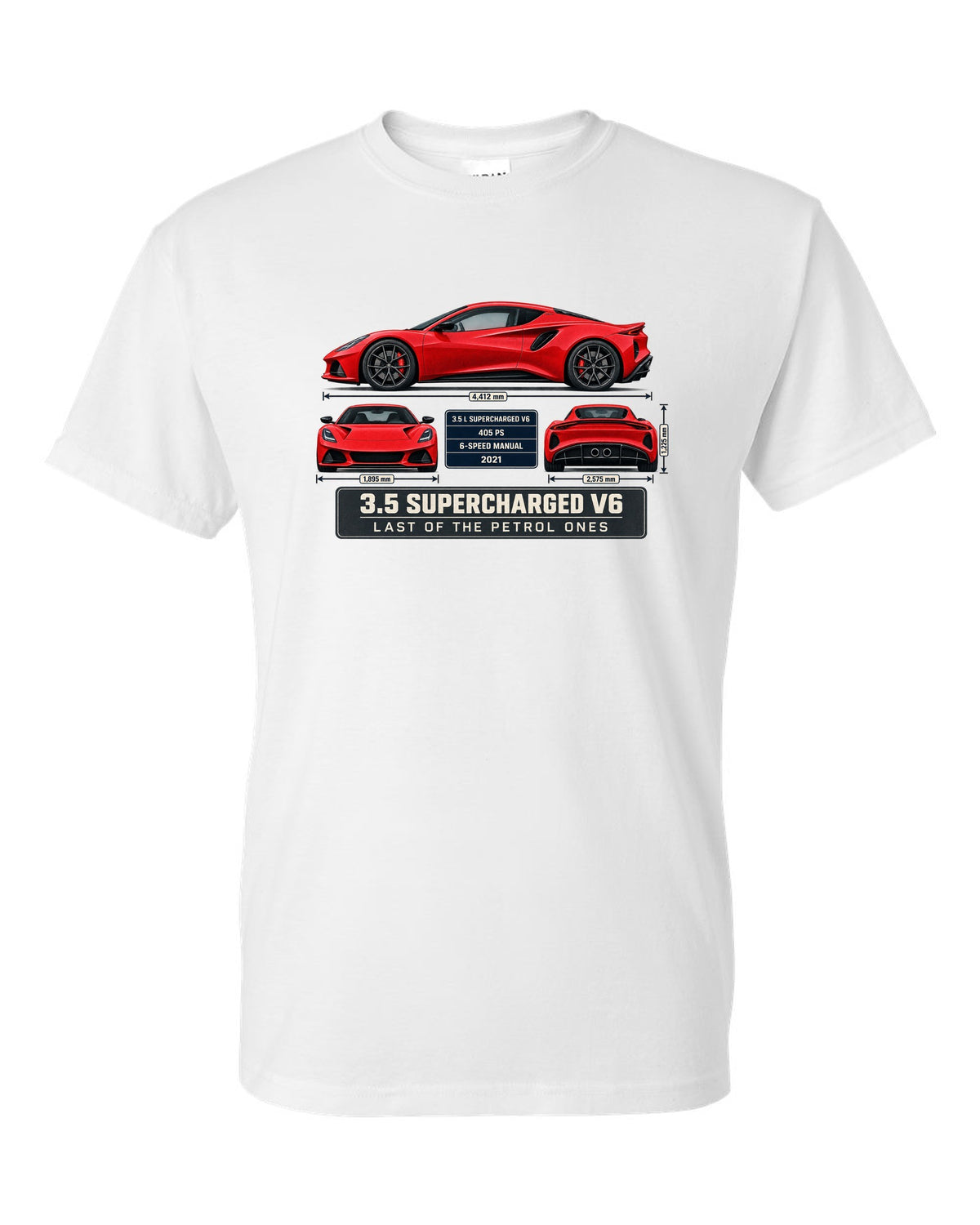 Lotus Emira V6 First Edition Spec Poster Tee, 3.5 Supercharg white t-shirt front view with the design