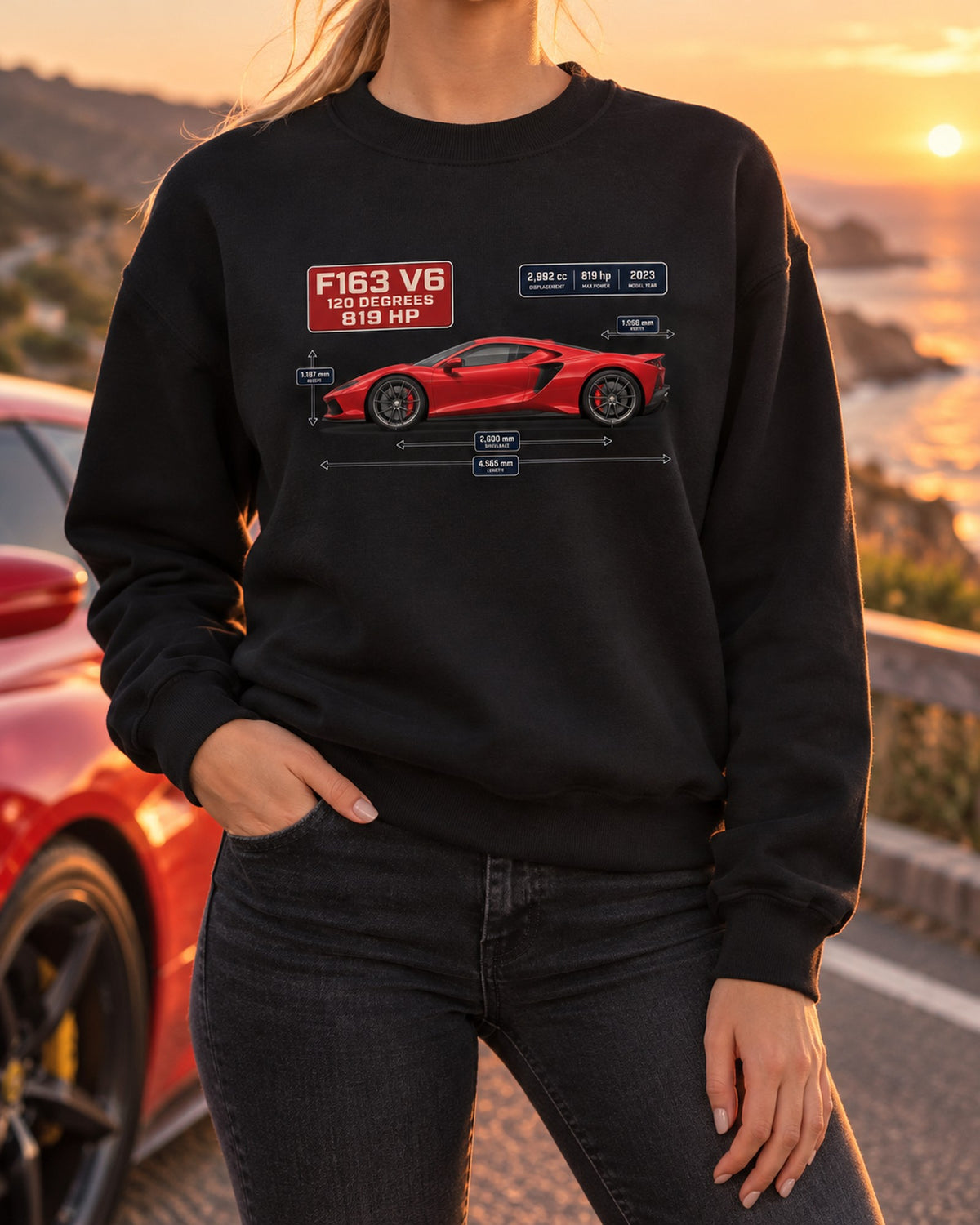 Ferrari 296 GTB Dimension Blueprint Tee, Car Guy Gift Crewneck Black worn hero