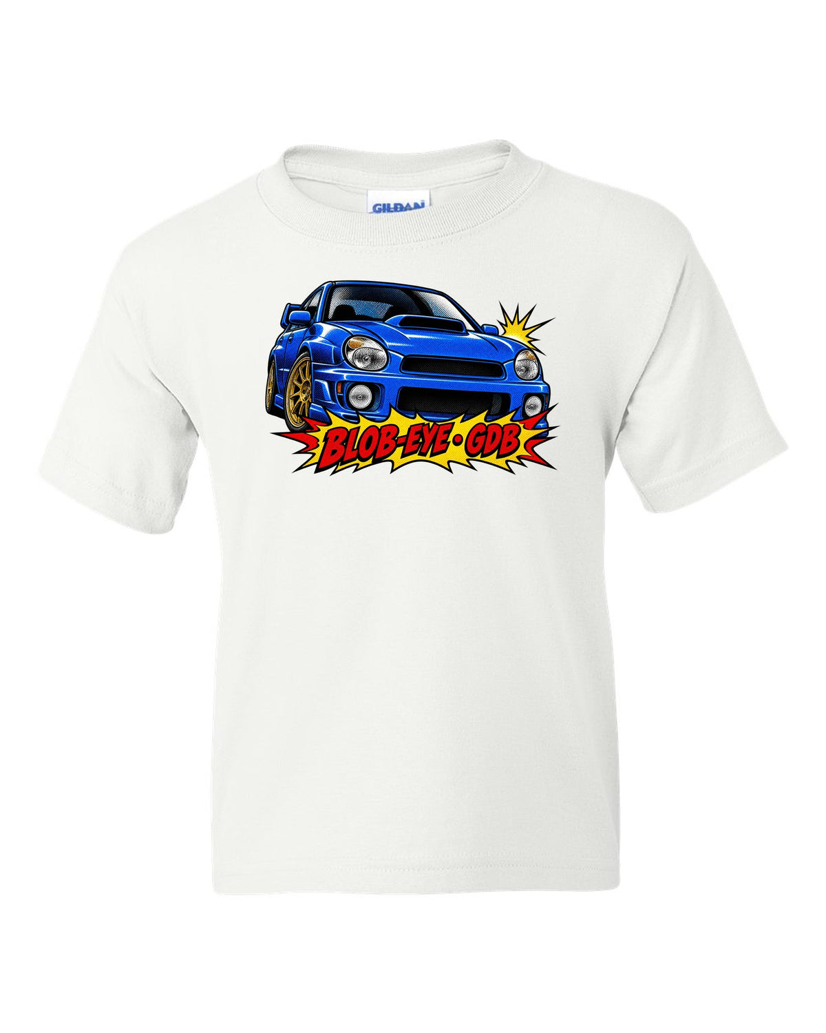 Halftone pop-art print of a Subaru Impreza WRX STI GDB with blob-eye GDB lettering white kids tee front view with the design