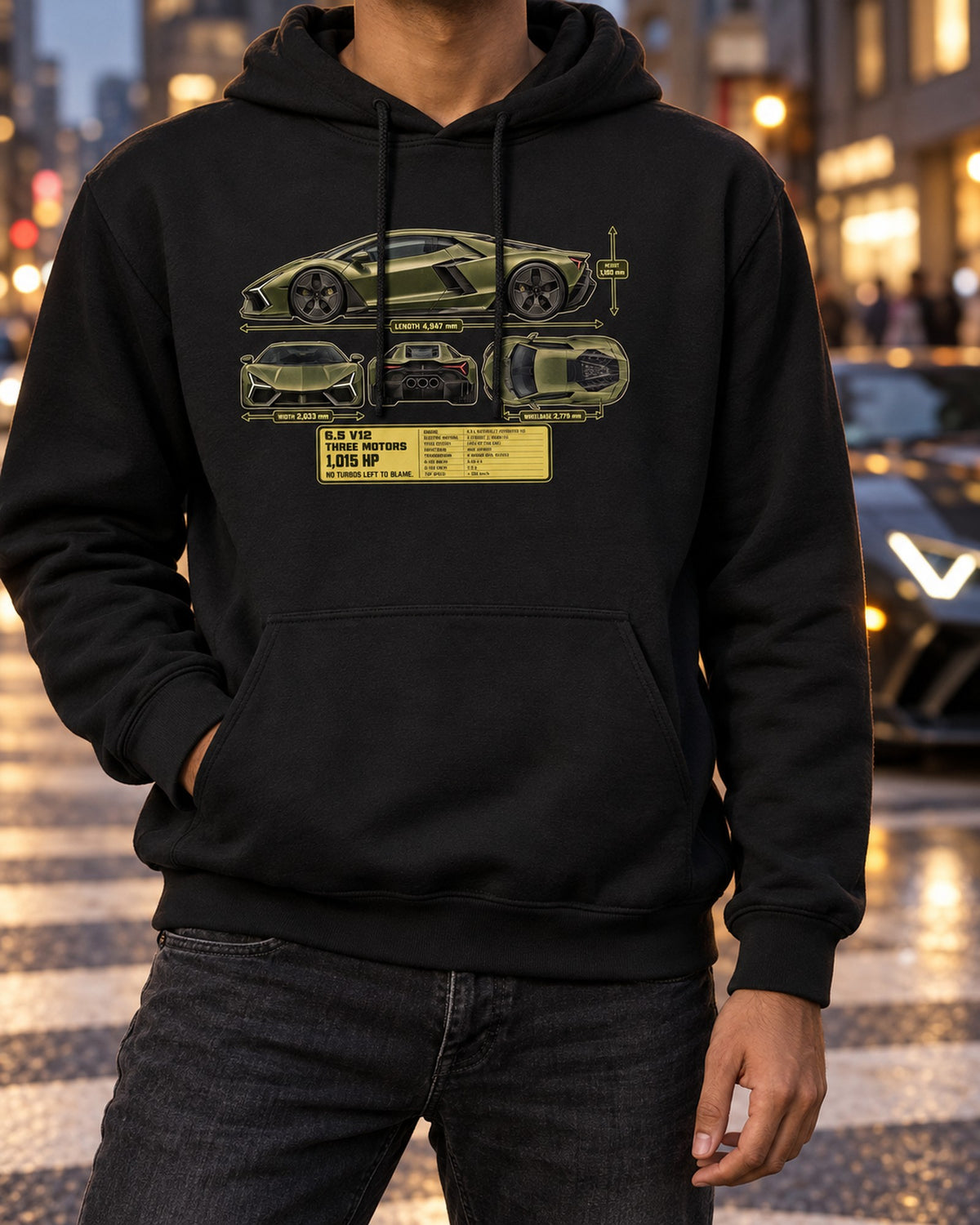 Lamborghini Revuelto Dimension Blueprint Shirt, V12 Hybrid Tee Pull Over Hoodie Black worn hero