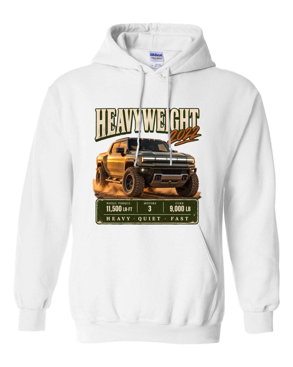 Full colour GMC Hummer EV 2022 three-quarter front archive panel design white pull over hoodie front view with the design