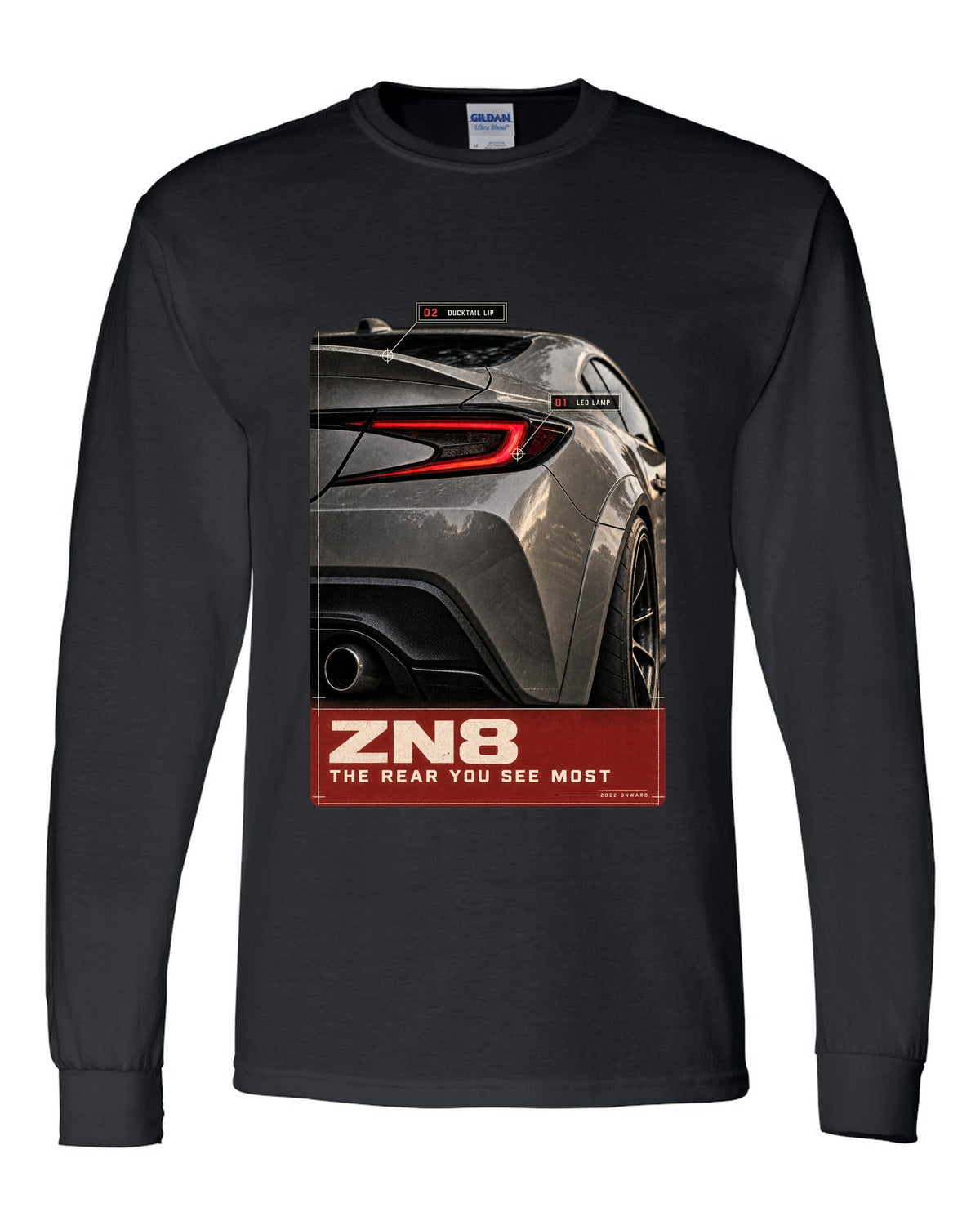 Macro poster-style print of the rear lamp on a Toyota GR86 ZN8 black long sleeve front view with the design