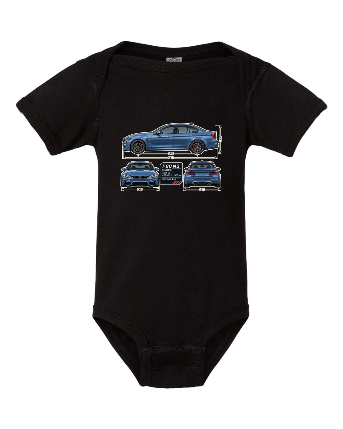 BMW M3 F80 dimension blueprint print with measurements black baby onesie front view with the design