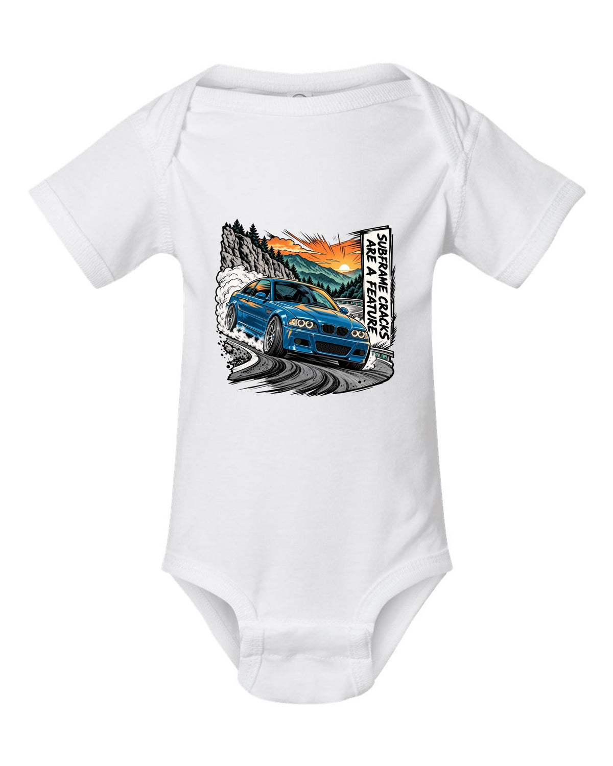 Retro manga halftone panel illustration of a BMW E46 M3 coupe on a mountain pass white baby onesie front view with the design