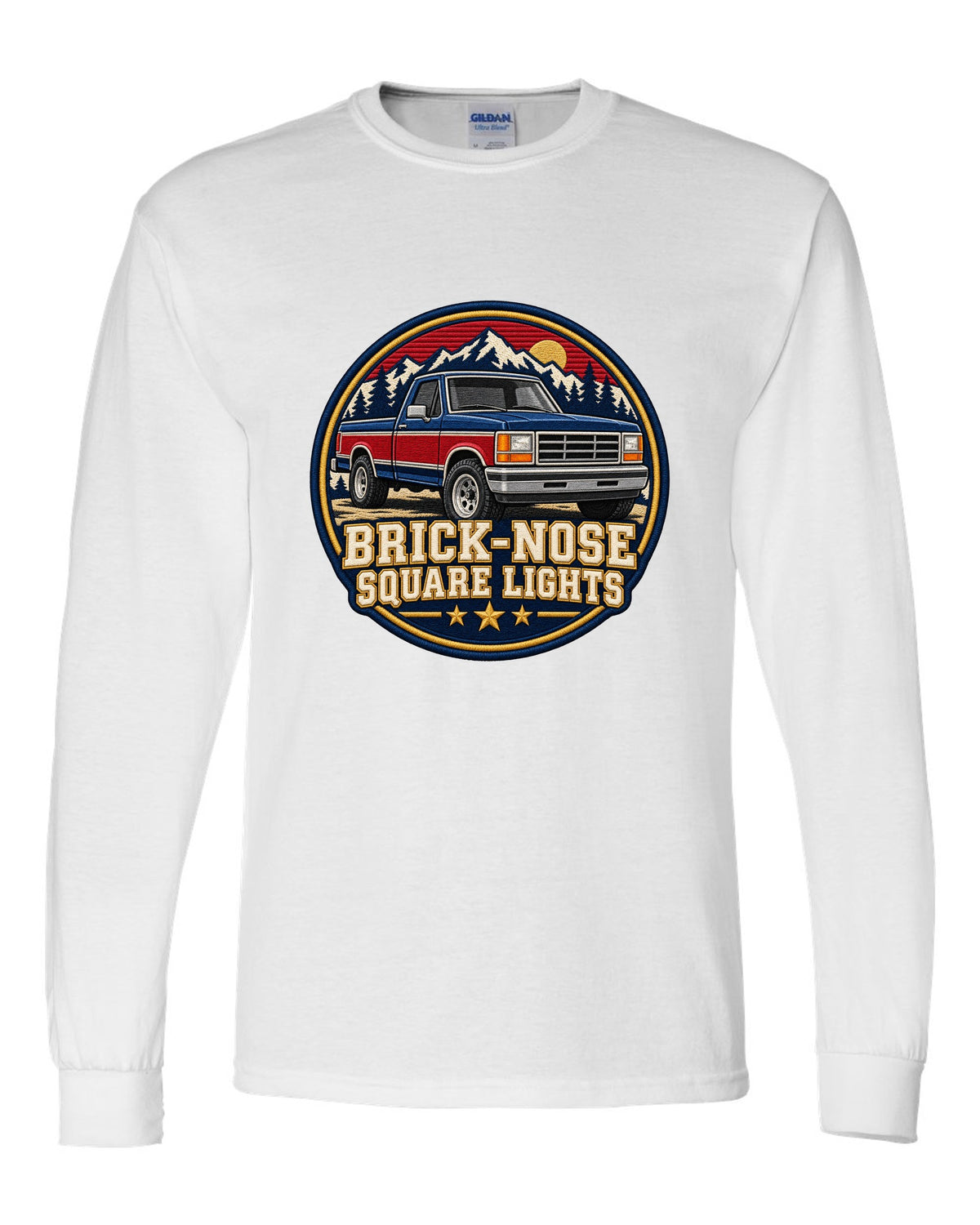 Shield crest print for a 1987-91 Ford F-150 Brick-Nose with square lights text white long sleeve front view with the design