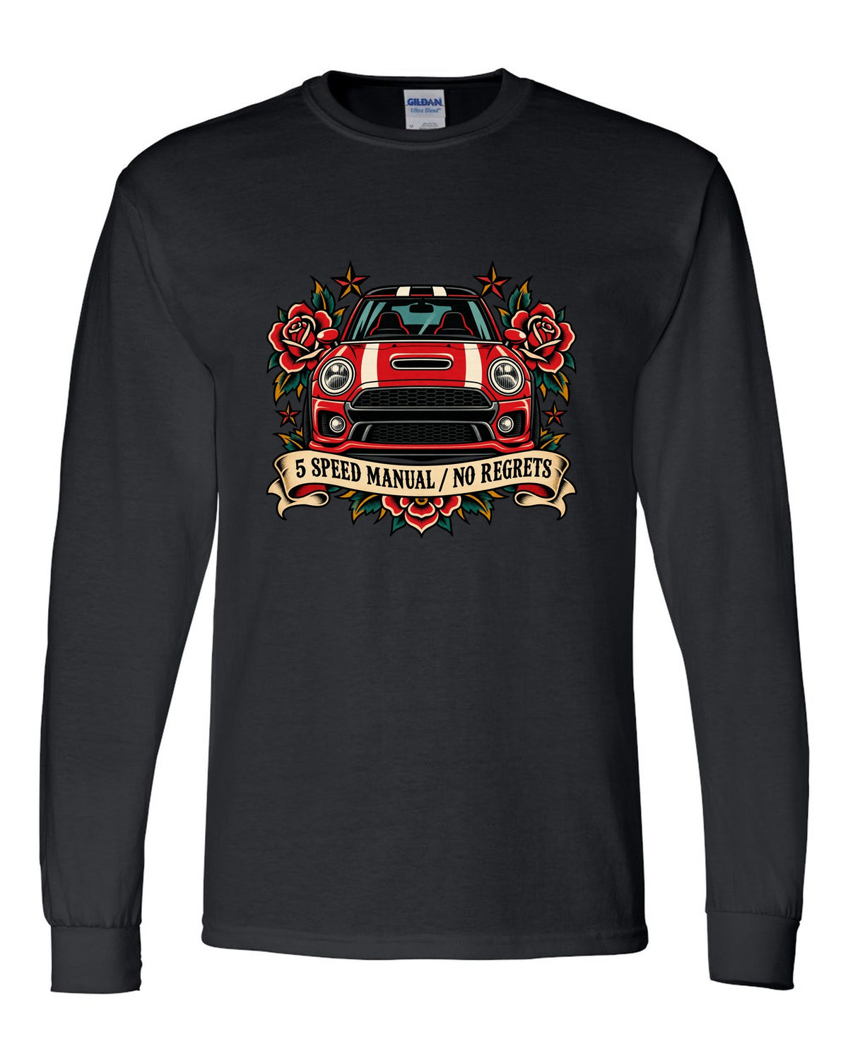 Tattoo flash style Fiat 500 Abarth with 5 speed manual no regrets lettering black long sleeve front view with the design