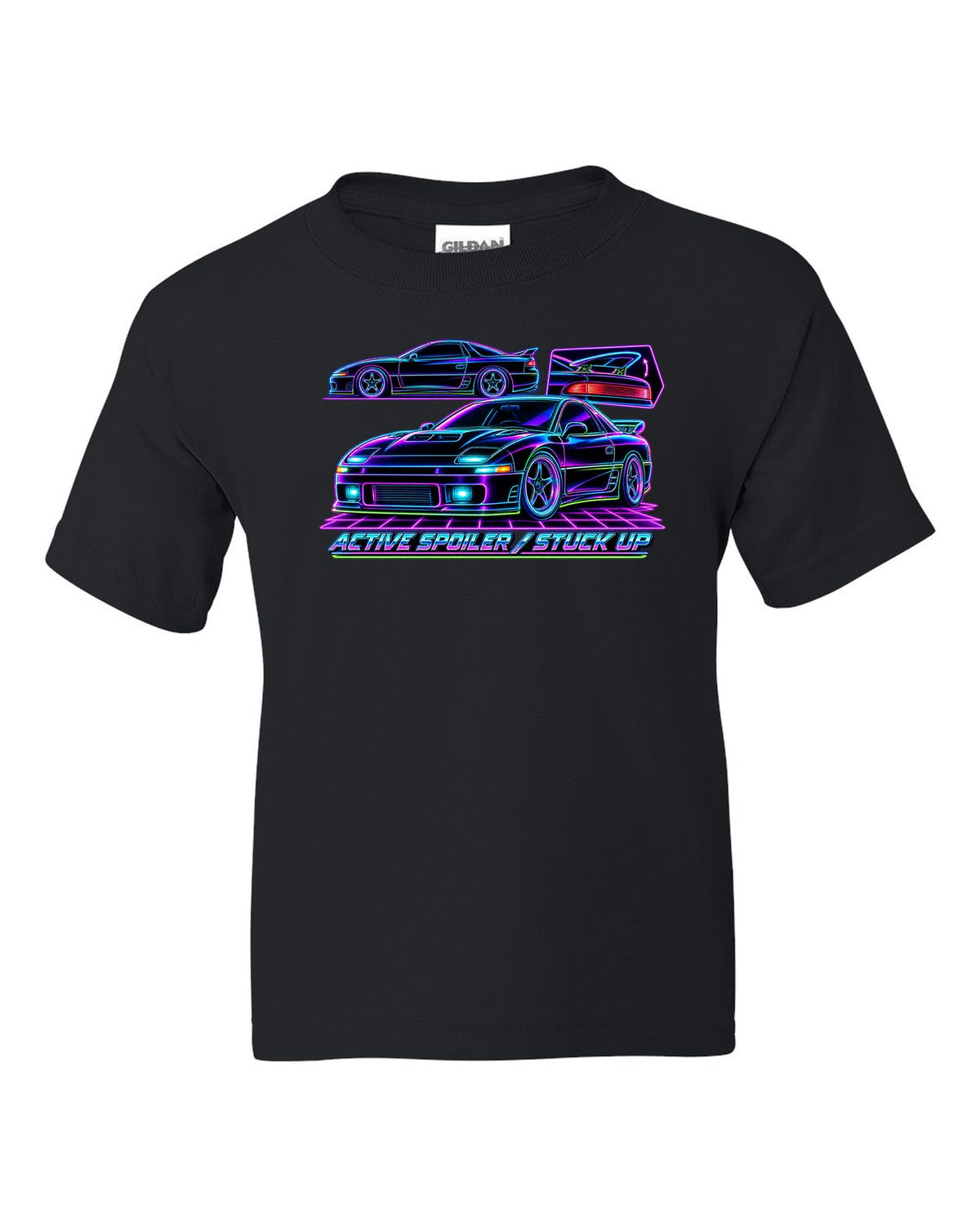 Neon wireframe outline print of the Mitsubishi 3000GT VR-4 with active spoiler stuck up text black kids tee front view with the design