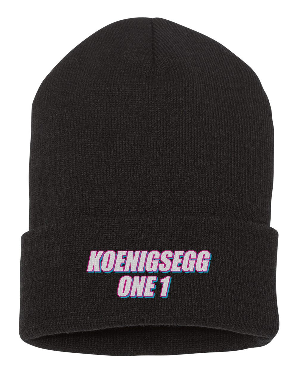 Koenigsegg One 1 black beanie front view with car name