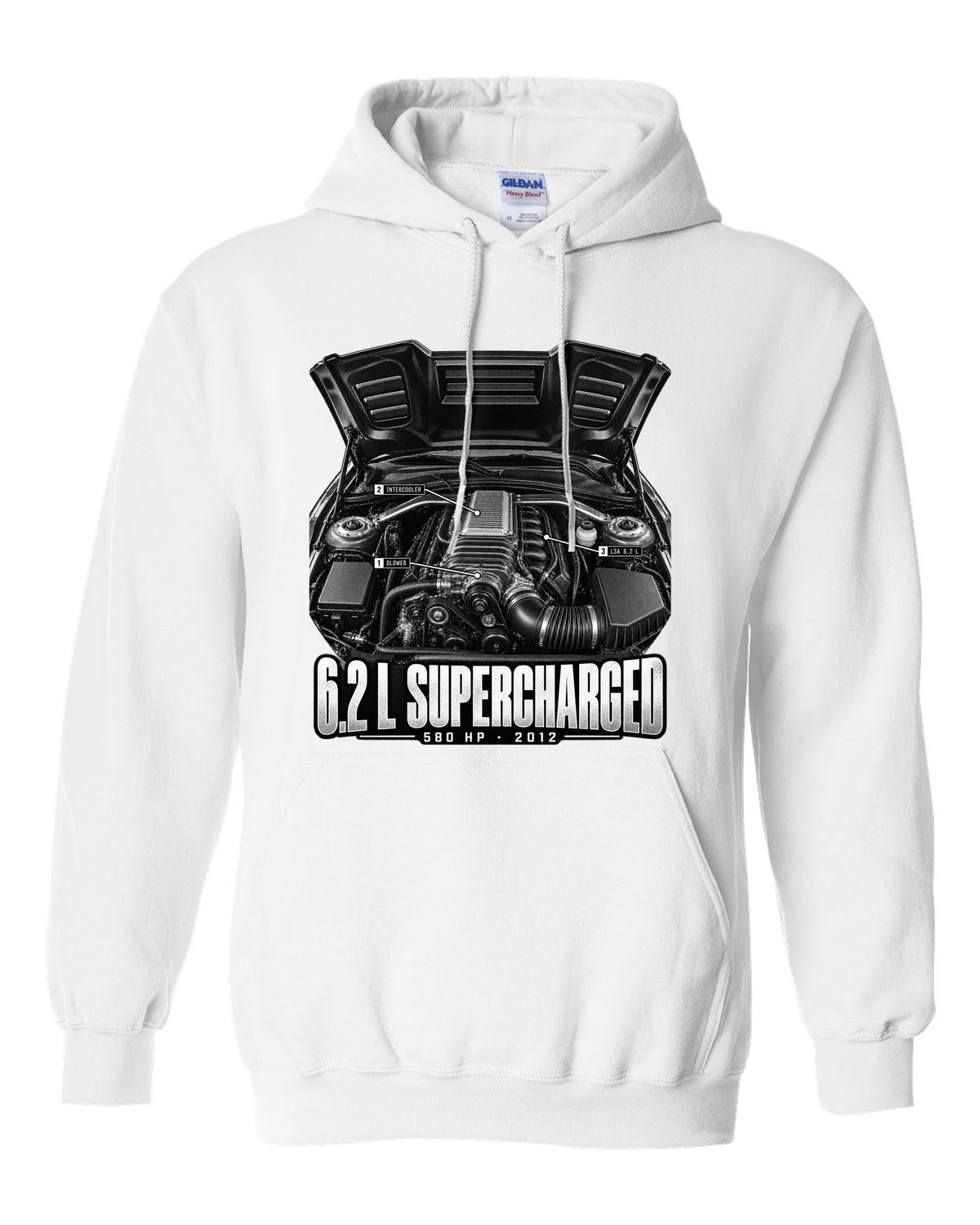 Engine hero print of a supercharged 6.2 L LSA in a 2013 Chevrolet Camaro ZL1 with numbered callouts white pull over hoodie front view with the design