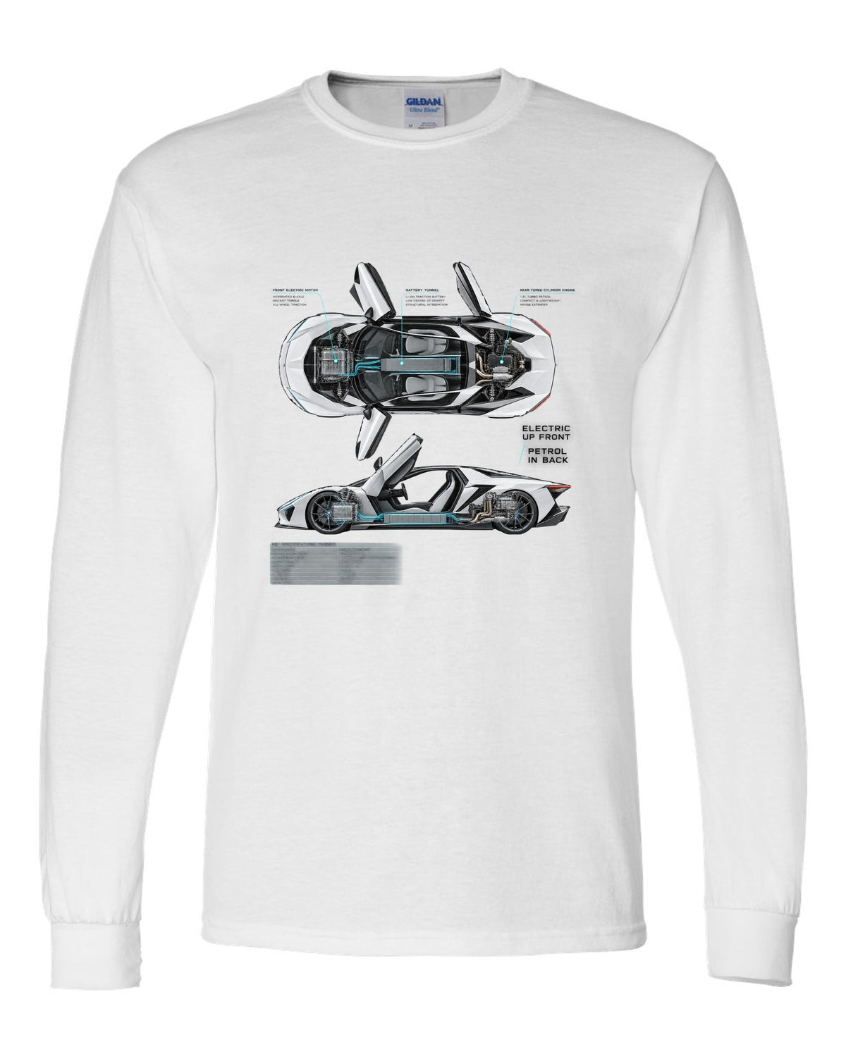 BMW i8 I12 spec poster print with electric up front petrol in back text white long sleeve front view with the design