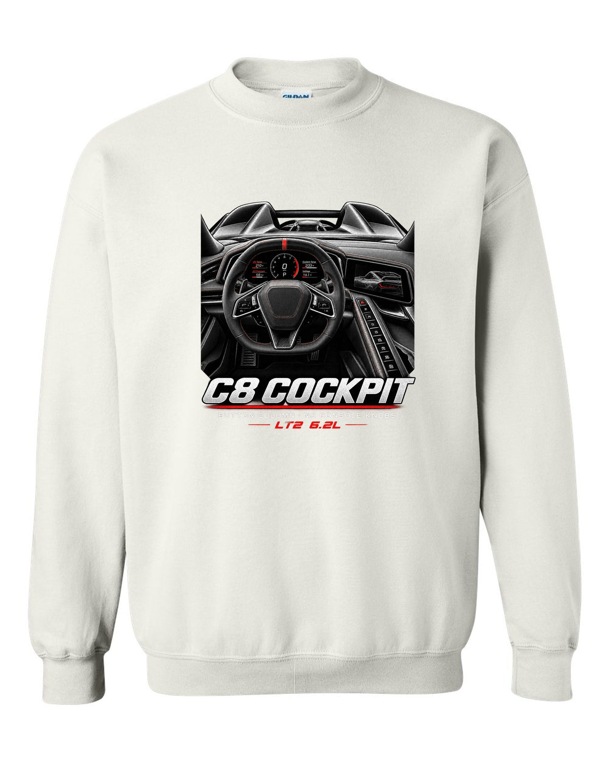 Corvette C8 Stingray 2020 cockpit with button column white crewneck front view with the design