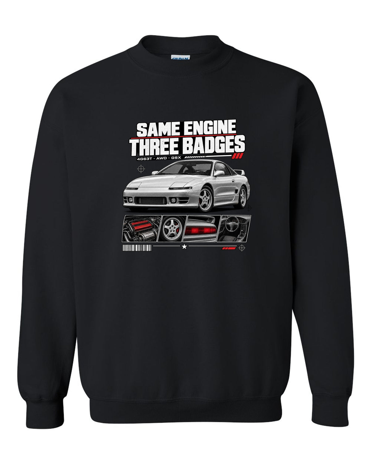 Mitsubishi Eclipse GSX 2G dossier panels with same engine three badges 4G63T text black crewneck front view with the design