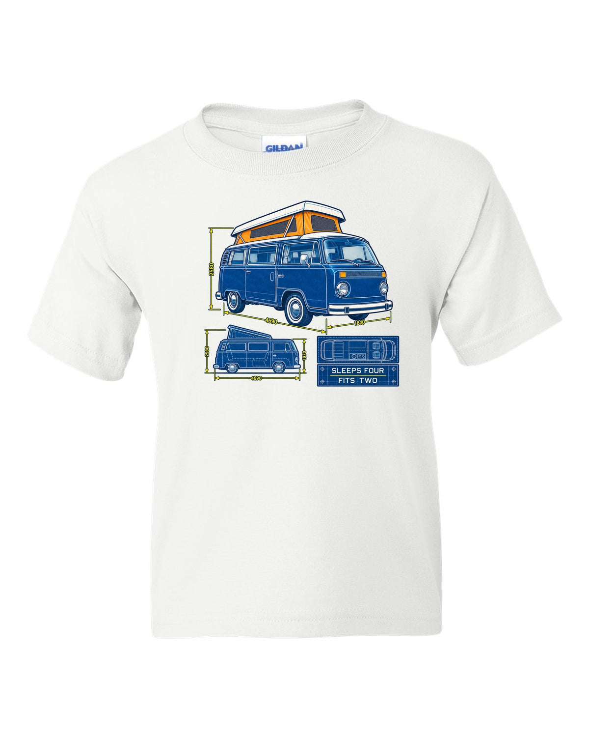 Cyanotype negative blueprint of a VW Bay Window T2 camper with sleeps four fits two text white kids tee front view with the design