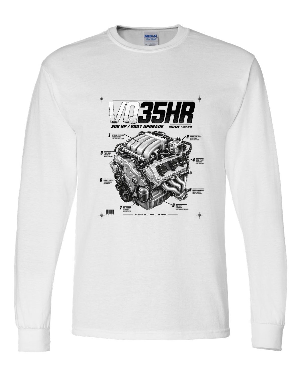 print of a Nissan 350Z Z33 VQ35HR engine plate with 306 HP and 7,500 RPM white long sleeve front view with the design