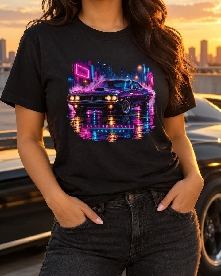 1971 Plymouth Hemi Cuda Rainy Night Neon Painting Shirt T-Shirt Black worn hero
