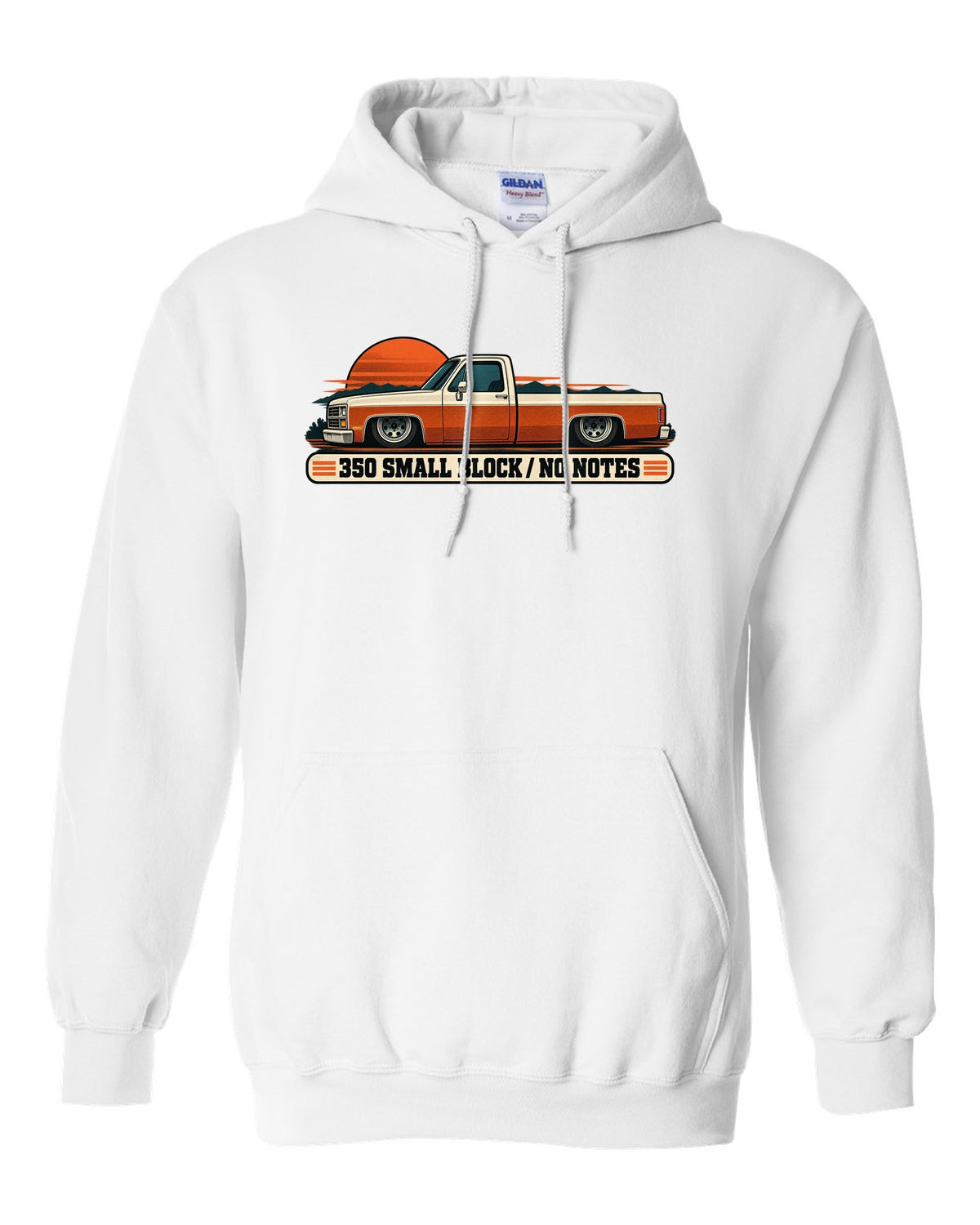 Retro two-colour halftone print of a dropped Chevrolet C10 Squarebody at dusk with 350 small block text white pull over hoodie front view with the design
