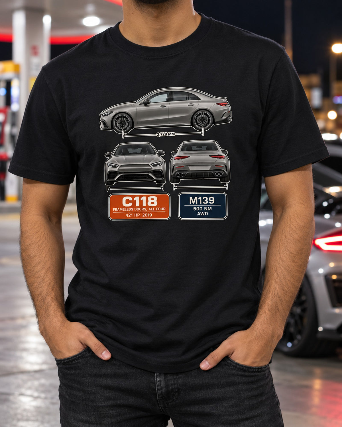 Mercedes-AMG CLA 45 S C118 Three-View Spec Poster Tee T-Shirt Black worn hero