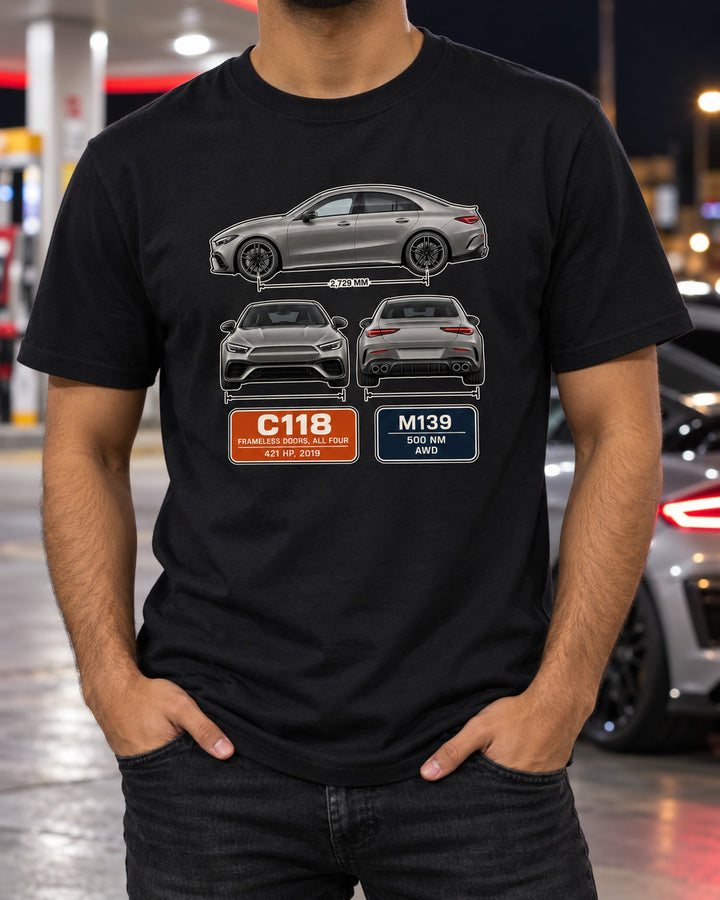 Mercedes-AMG CLA 45 S C118 Three-View Spec Poster Tee T-Shirt Black worn hero