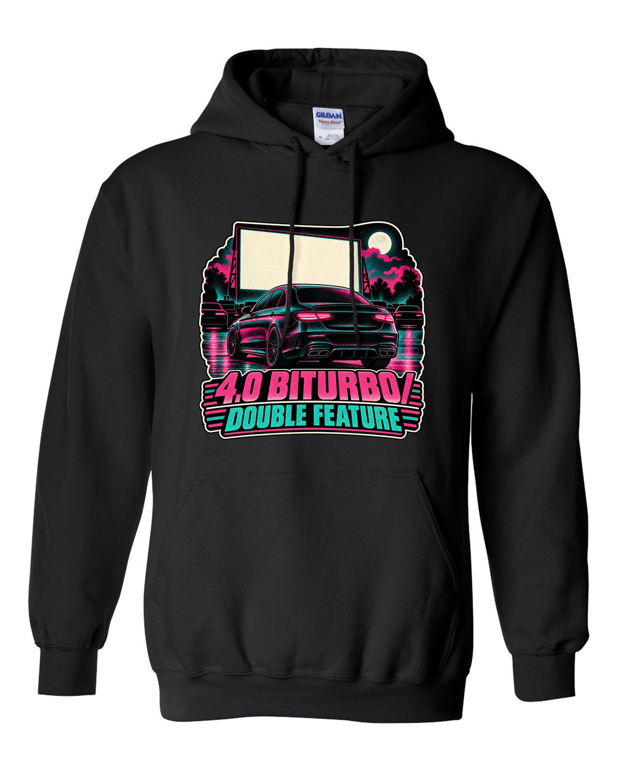 Risograph halftone drive-in poster graphic for a Mercedes E63 W213 4.0 biturbo, print black pull over hoodie front view with the design