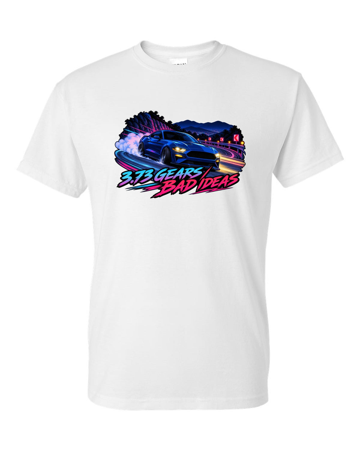 Cel-shaded anime night touge print of a 2015-2023 S550 Mustang fastback with 3.73 Gears text white t-shirt front view with the design