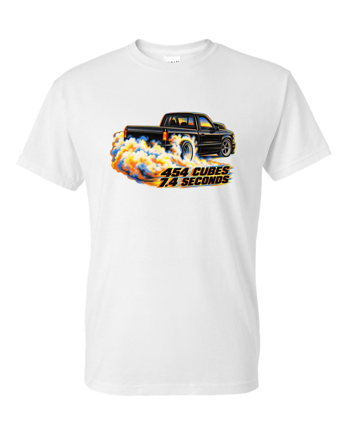 Risograph burnout smoke print of a 1990-93 Chevrolet 454 SS pickup with 454 cubes text white t-shirt front view with the design