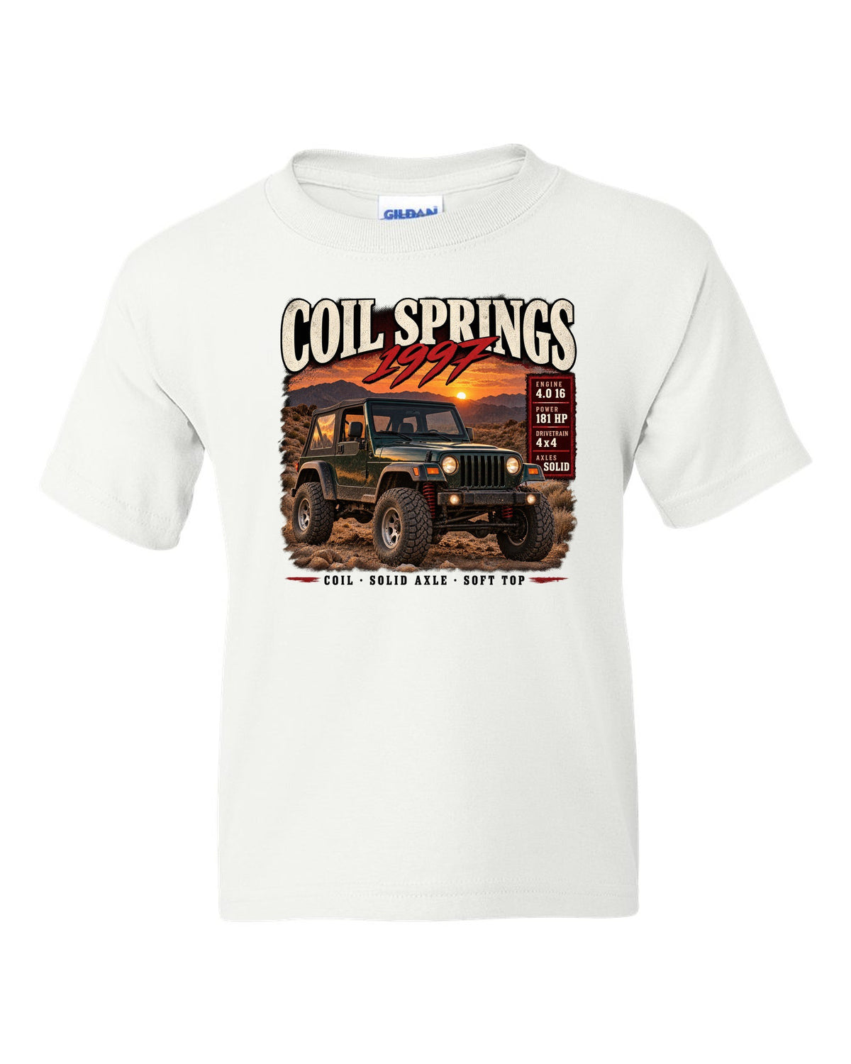 Archive panel print for the Jeep Wrangler TJ, Coil Springs 1997 Finally white kids tee front view with the design