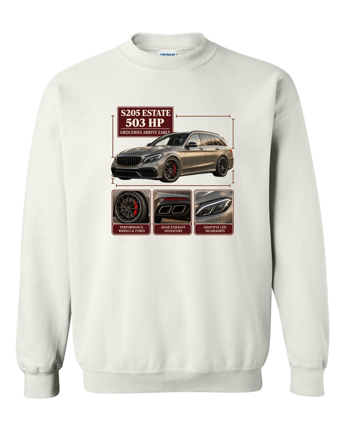 Mercedes-AMG C63 S Estate S205 dossier panel design in warm grey white crewneck front view with the design