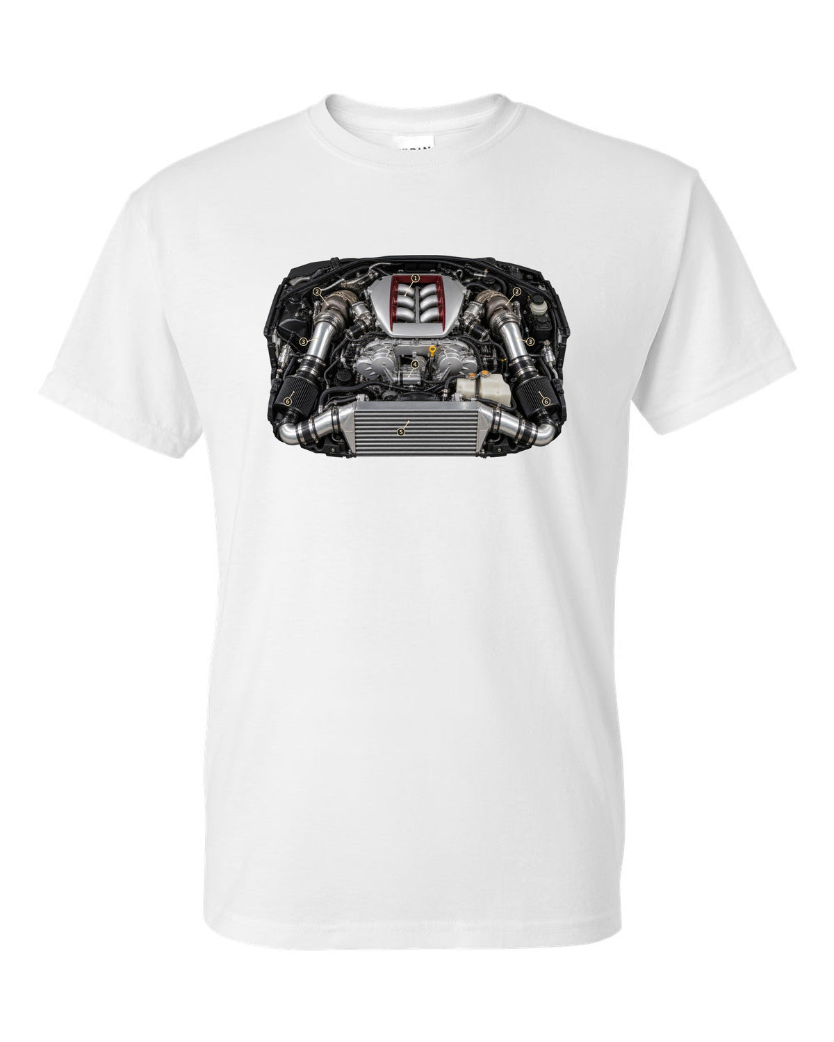 Nissan GT-R R35 early VR38DETT engine poster-style drawing white t-shirt front view with the design