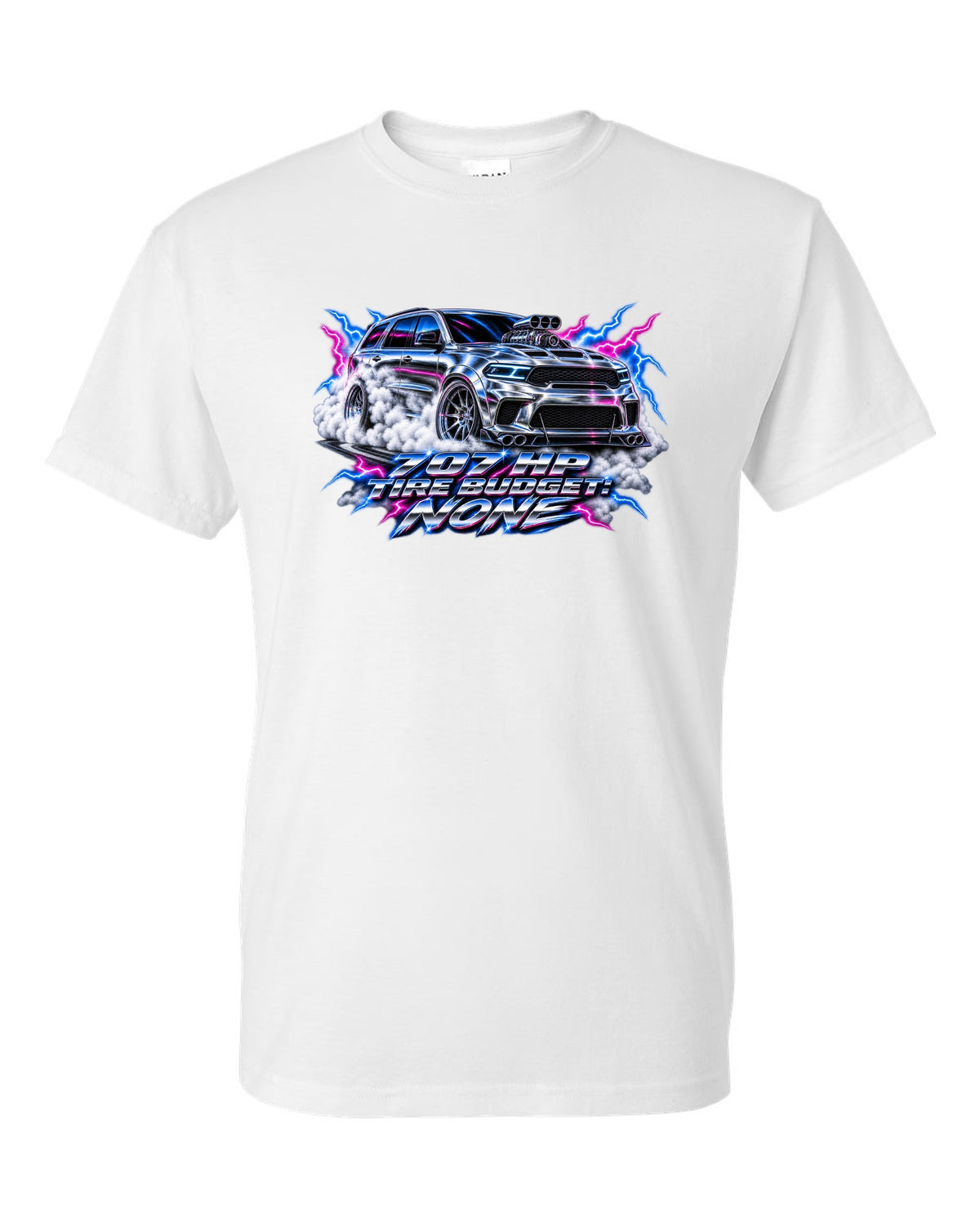 80s airbrush chrome print of a Jeep Grand Cherokee WK2 Trackhawk with 707 HP text white t-shirt front view with the design